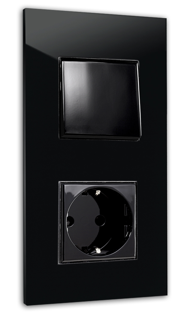 Combination 1 switch + 1 socket outlet. Glass look, black. For 2 wall sockets. MAXIM